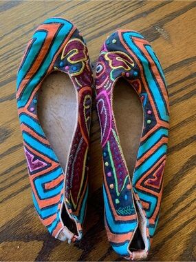 Handmade Embroidered Mola Panama Kuna Fabric‎ Ballet Flats Multi-Color Art Shoes
